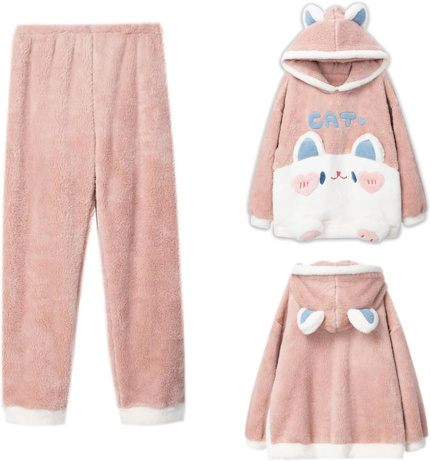 Cute Pajama Sets for Women Flannel Cat Cartoon Sleep Tops with Fleece Pajamas Pants Lounge Pjs Set Fuzzy Sleepwear