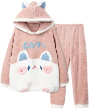 Cute Pajama Sets for Women Flannel Cat Cartoon Sleep Tops with Fleece Pajamas Pants Lounge Pjs Set Fuzzy Sleepwear