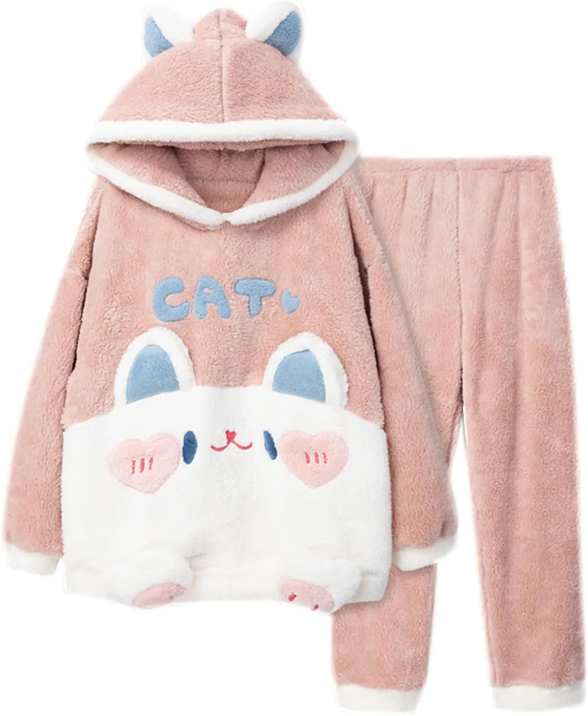 Cute Pajama Sets for Women Flannel Cat Cartoon Sleep Tops with Fleece Pajamas Pants Lounge Pjs Set Fuzzy Sleepwear