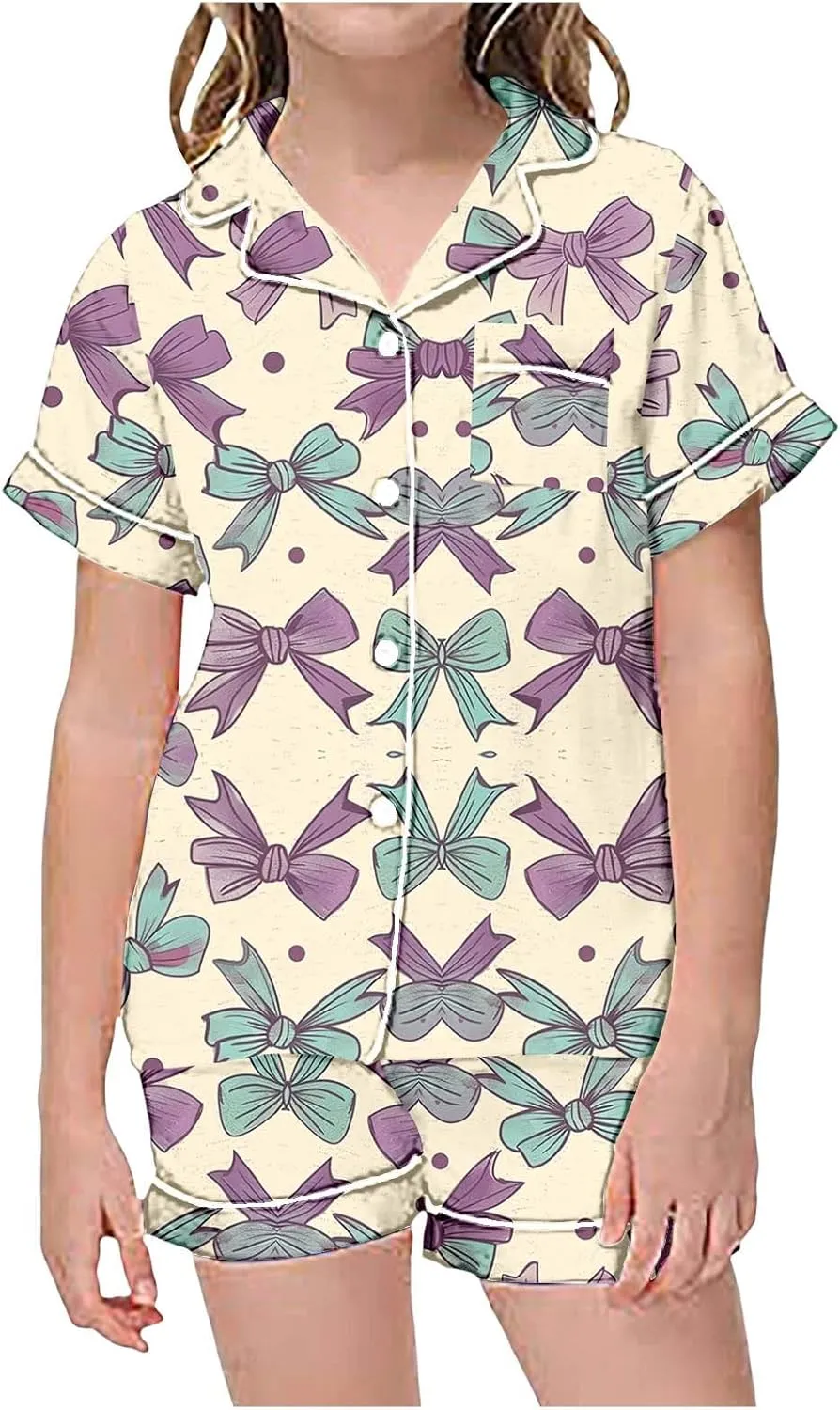 Cute Preppy Bow Pajamas Set for en rls Satin Silk Button Down Short Sleeve Shirt and Shorts Set Loungewear