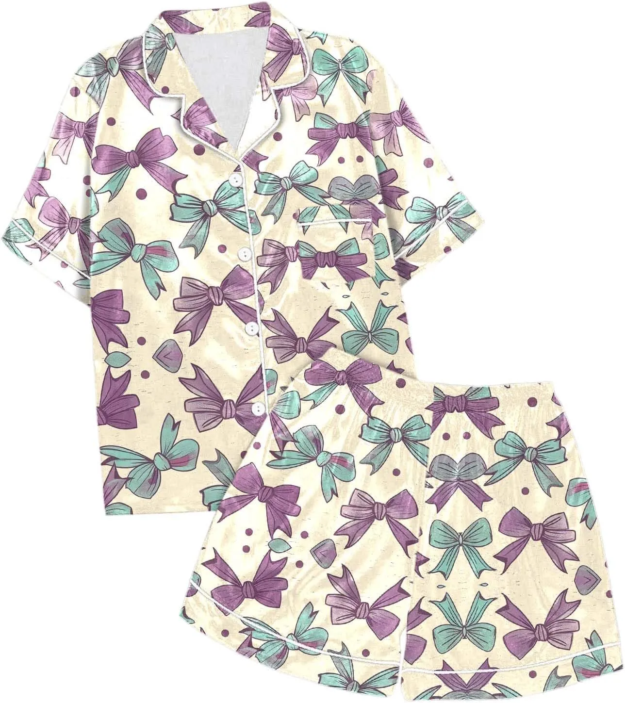 Cute Preppy Bow Pajamas Set for en rls Satin Silk Button Down Short Sleeve Shirt and Shorts Set Loungewear