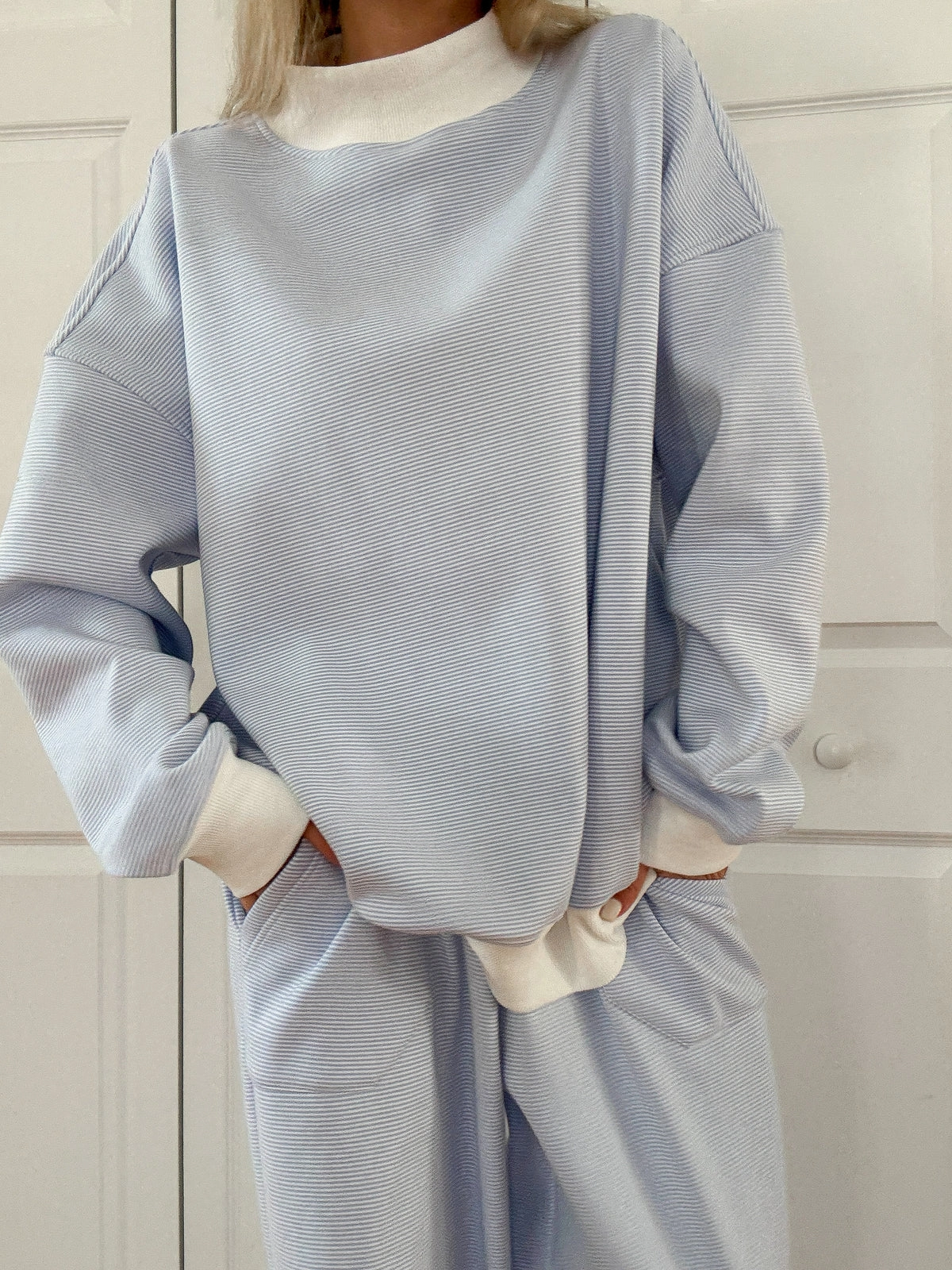Cozy Fit Non Irritating Seams Cynthia Mini Striped Mock Neck Sweatshirt Blue and White