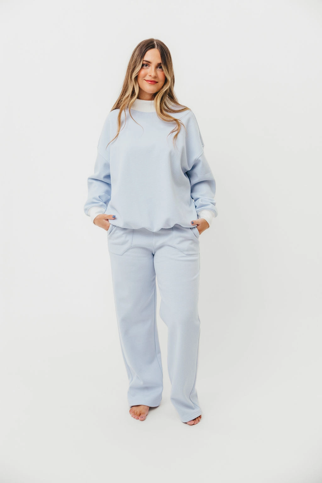 High Collar Protection Design Everyday Comfort Cynthia Mini Striped Mock Neck Sweatshirt Blue and White
