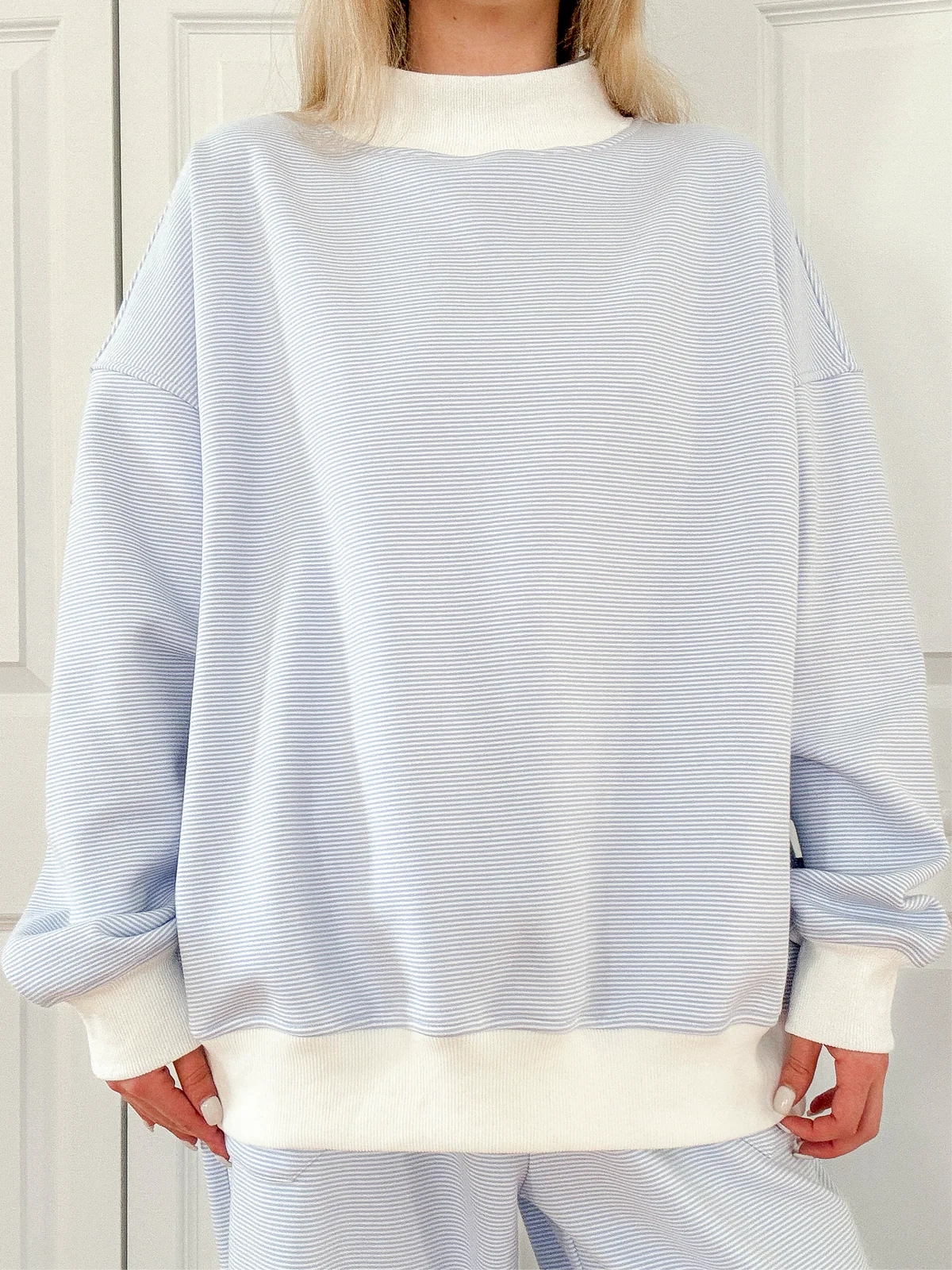 Cynthia Mini Striped Mock Neck Sweatshirt Blue and White Quick Dry Tech High Durability Material
