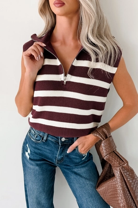 Lightweight Weave Material Daily Joys Striped Half-Zip Sweater Vest (Cherry/Cream)