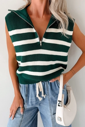 Daily Joys Striped Half-Zip Sweater Vest (Green/Cream) Tencel Lyocell Fiber Recycled Material Blend