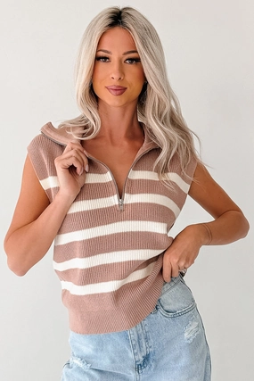Daily Joys Striped Half-Zip Sweater Vest (Taupe/Cream) Zero Waste Cut Pattern SoftInteriorLining