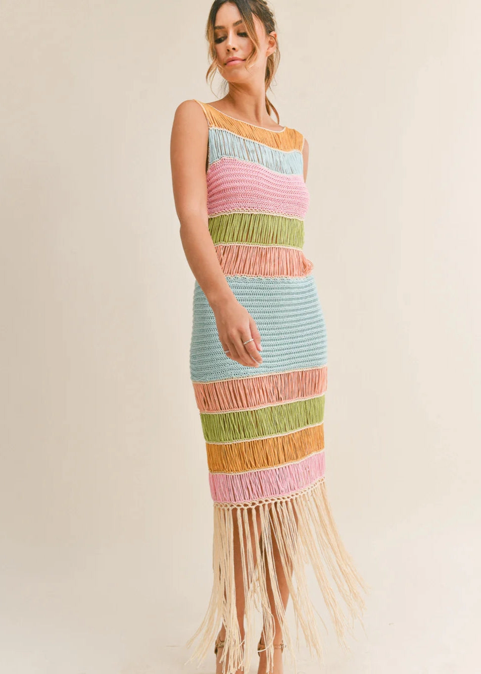 DAISY FRINGED CROCHET KNIT DRESS Charming Fit Soft Fit Wear