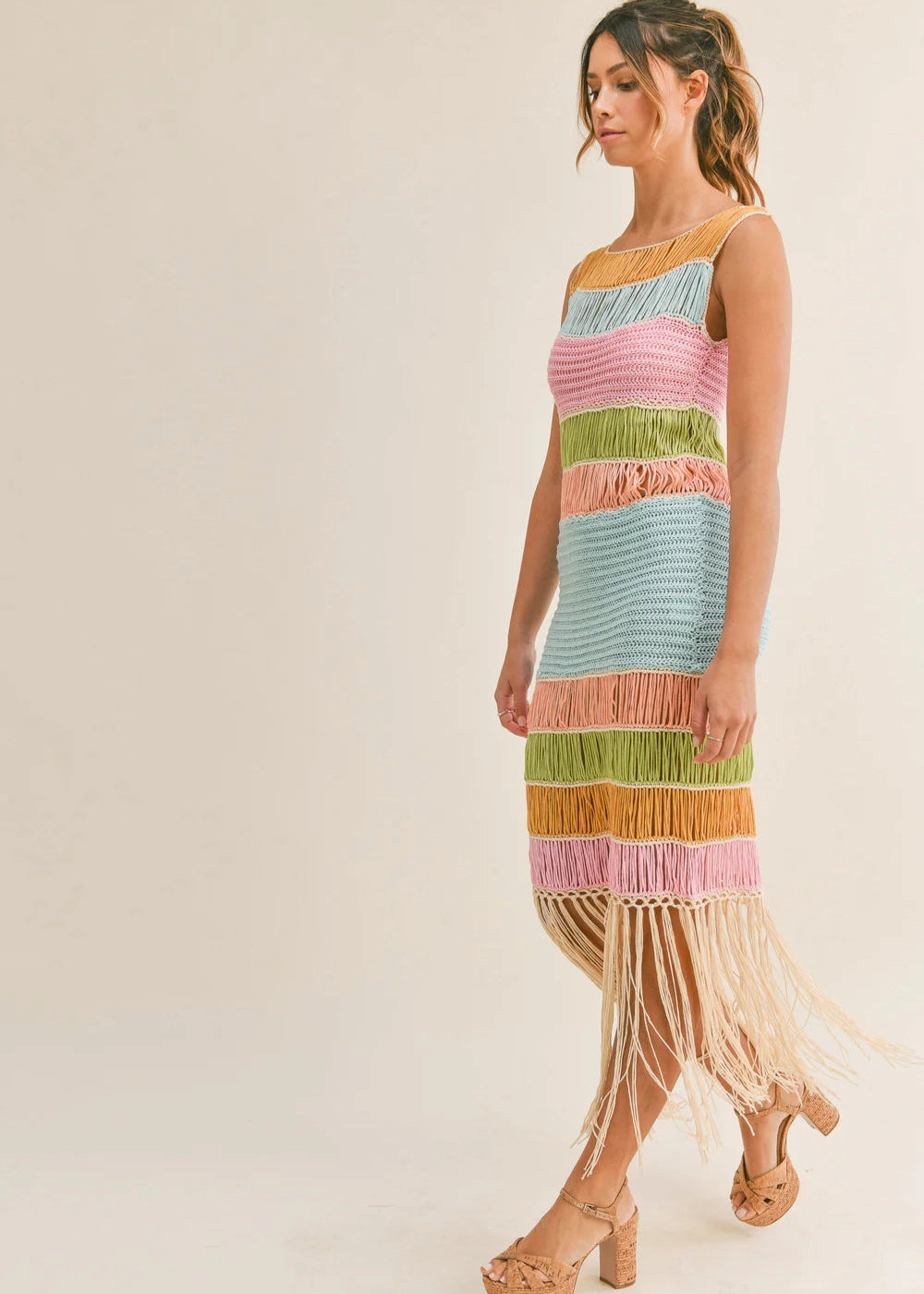 DAISY FRINGED CROCHET KNIT DRESS light layering Smooth Drape