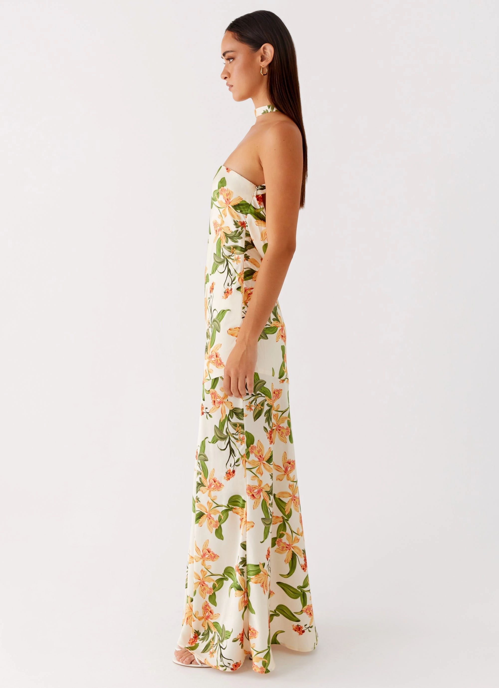 Damali Satin Maxi Dress - Floral Print Clean Outline