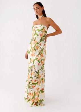 Damali Satin Maxi Dress - Floral Print Bright Feel Travel-Essential