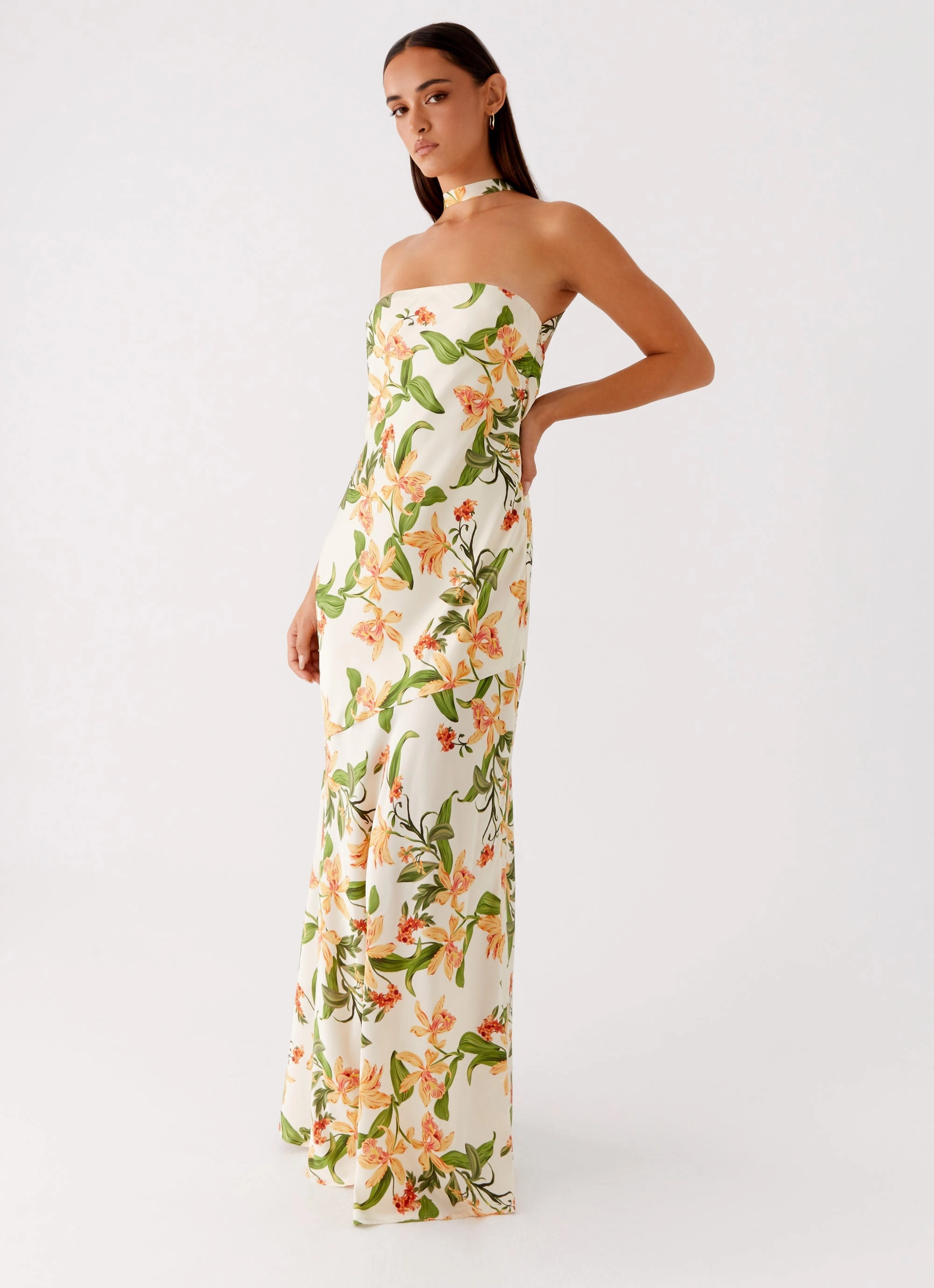 Damali Satin Maxi Dress - Floral Print Bright Feel Travel-Essential