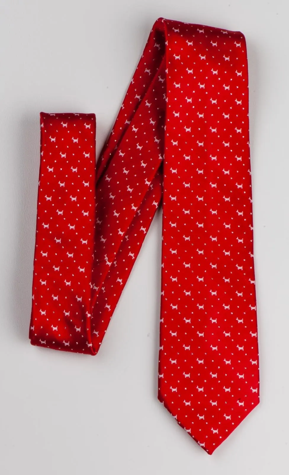 Daniel Silk Neck Tie White Scotty Dogs On Red With Silver Highlights 2 3/4 Inch