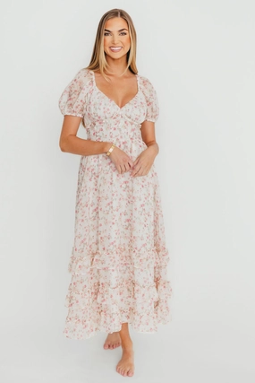 Danielle Corset Maxi Dress in White/Pink Floral *Final-Sale* Semi Fit PlushLining