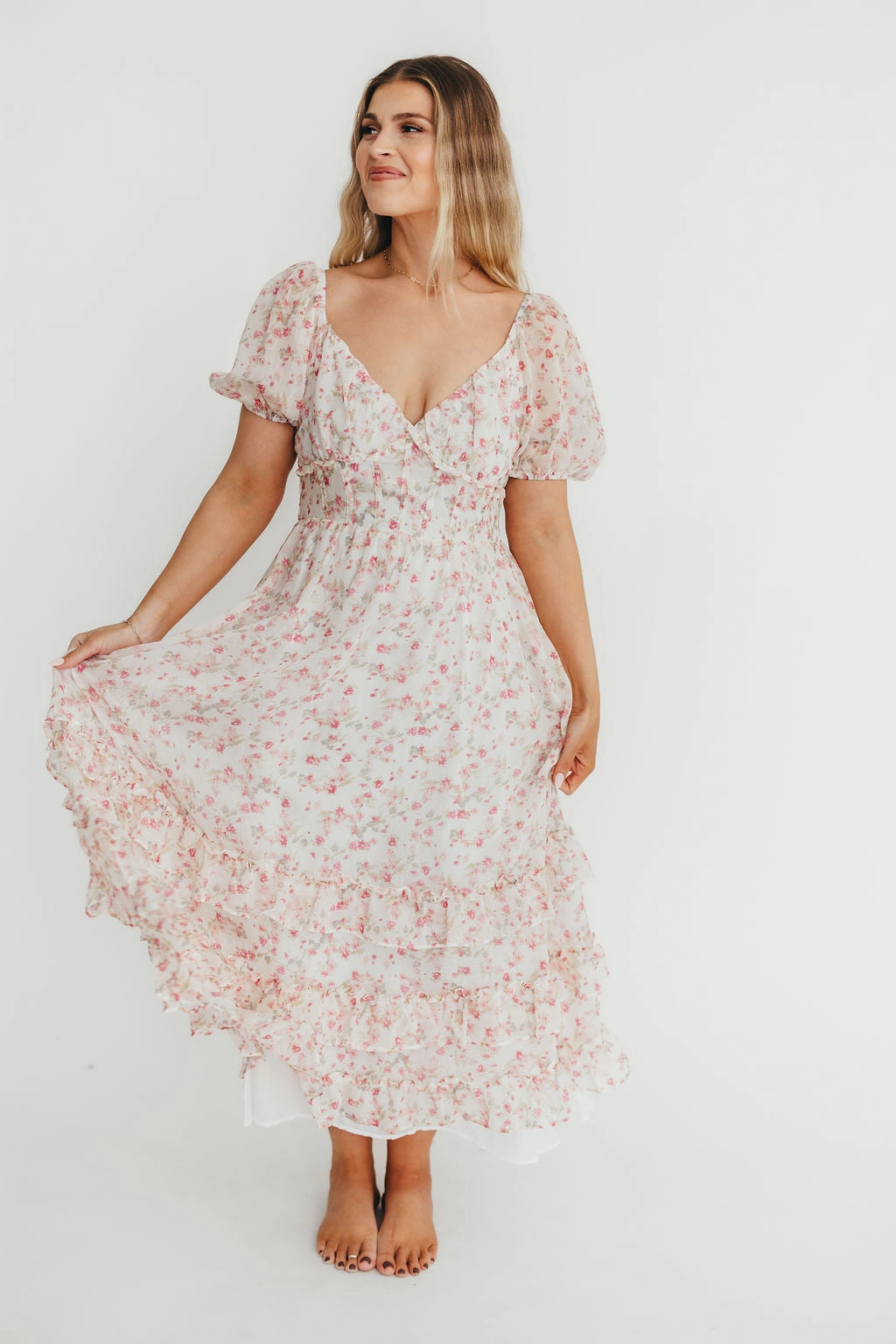 Danielle Corset Maxi Dress in White/Pink Floral *Final-Sale* Party Perfect Chic Waistband