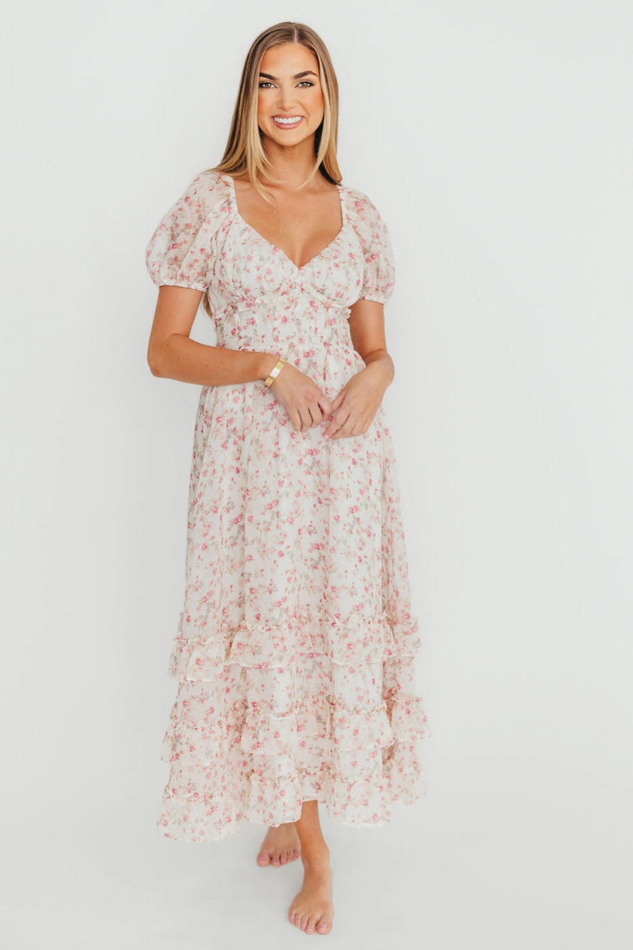 Danielle Corset Maxi Dress in White/Pink Floral *Final-Sale* Semi Fit PlushLining