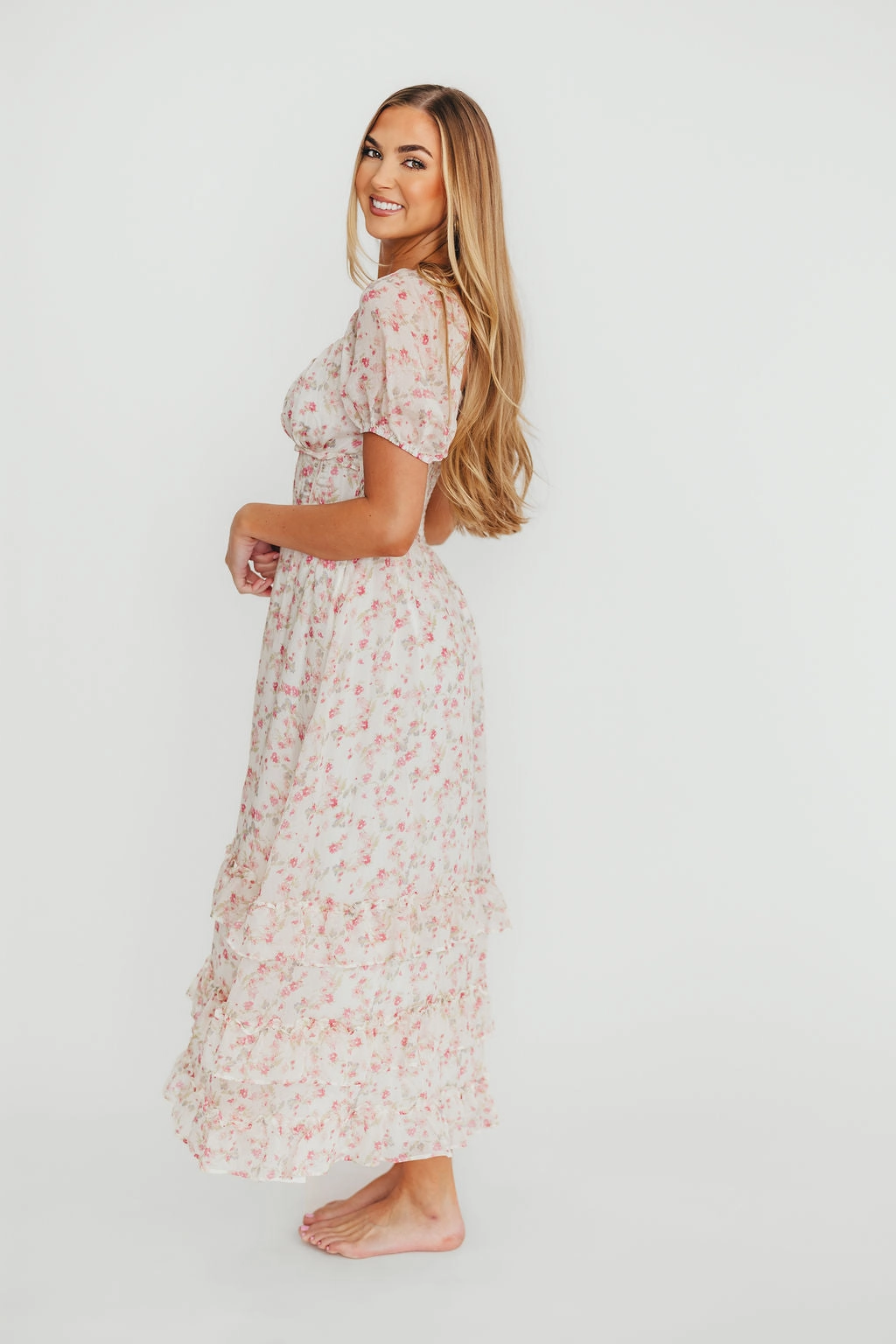 Rhinestone-Detail Garden Scene Danielle Corset Maxi Dress in White/Pink Floral *Final-Sale*