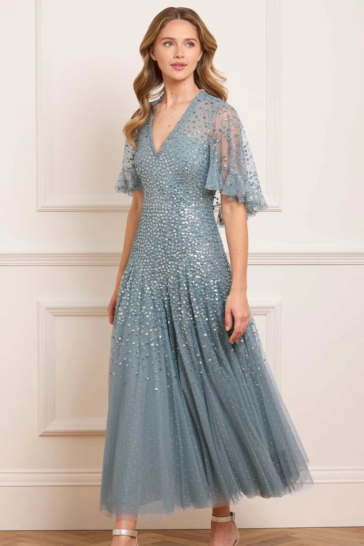 Dappled Sequin Cape Ankle Gown Relaxed Fit Look