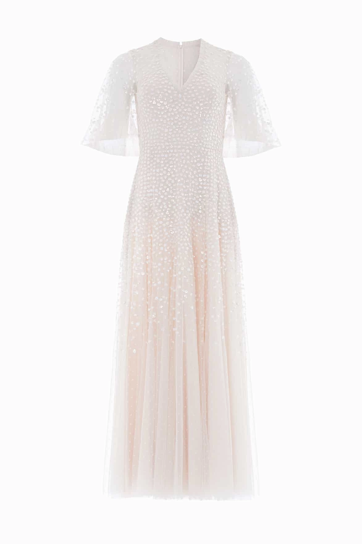 Sheer Look Dappled Sequin Cape Ankle Gown