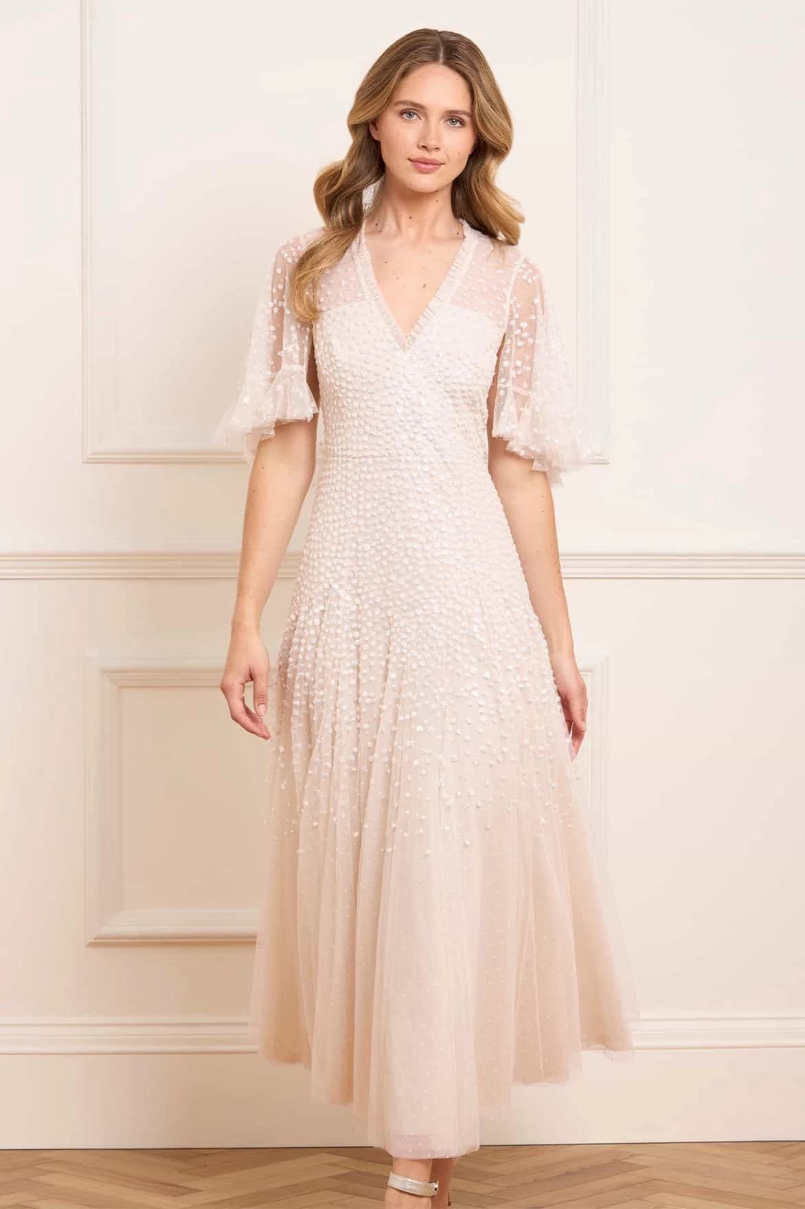 Dappled Sequin Cape Ankle Gown Muted Tones