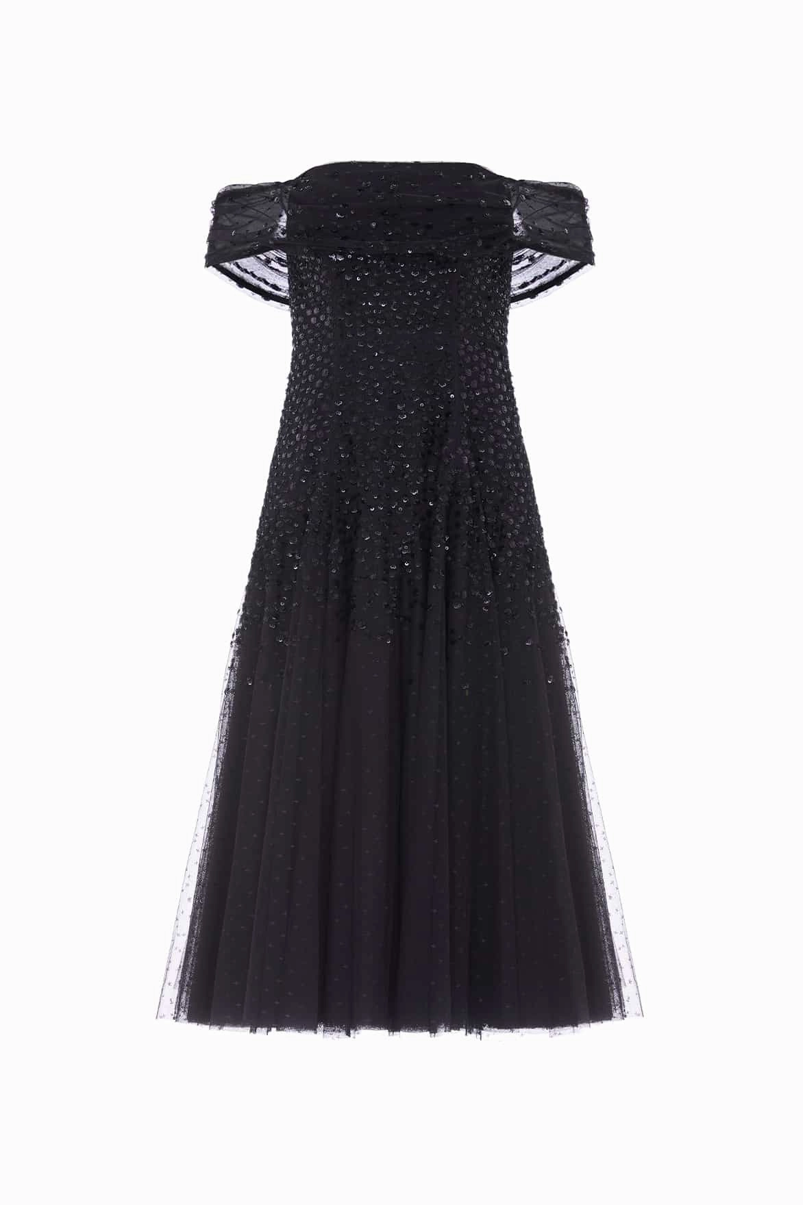 Go To Wear Urban Cool Dappled Sequin Draped Off-Shoulder Midaxi Dress