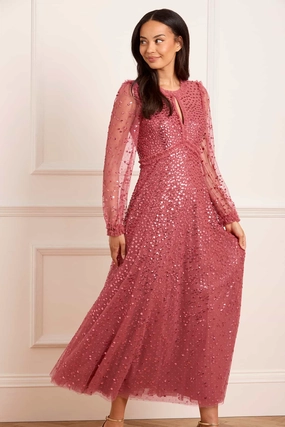Dappled Sequin Long Sleeve Ankle Gown Fit Waist All-season garment