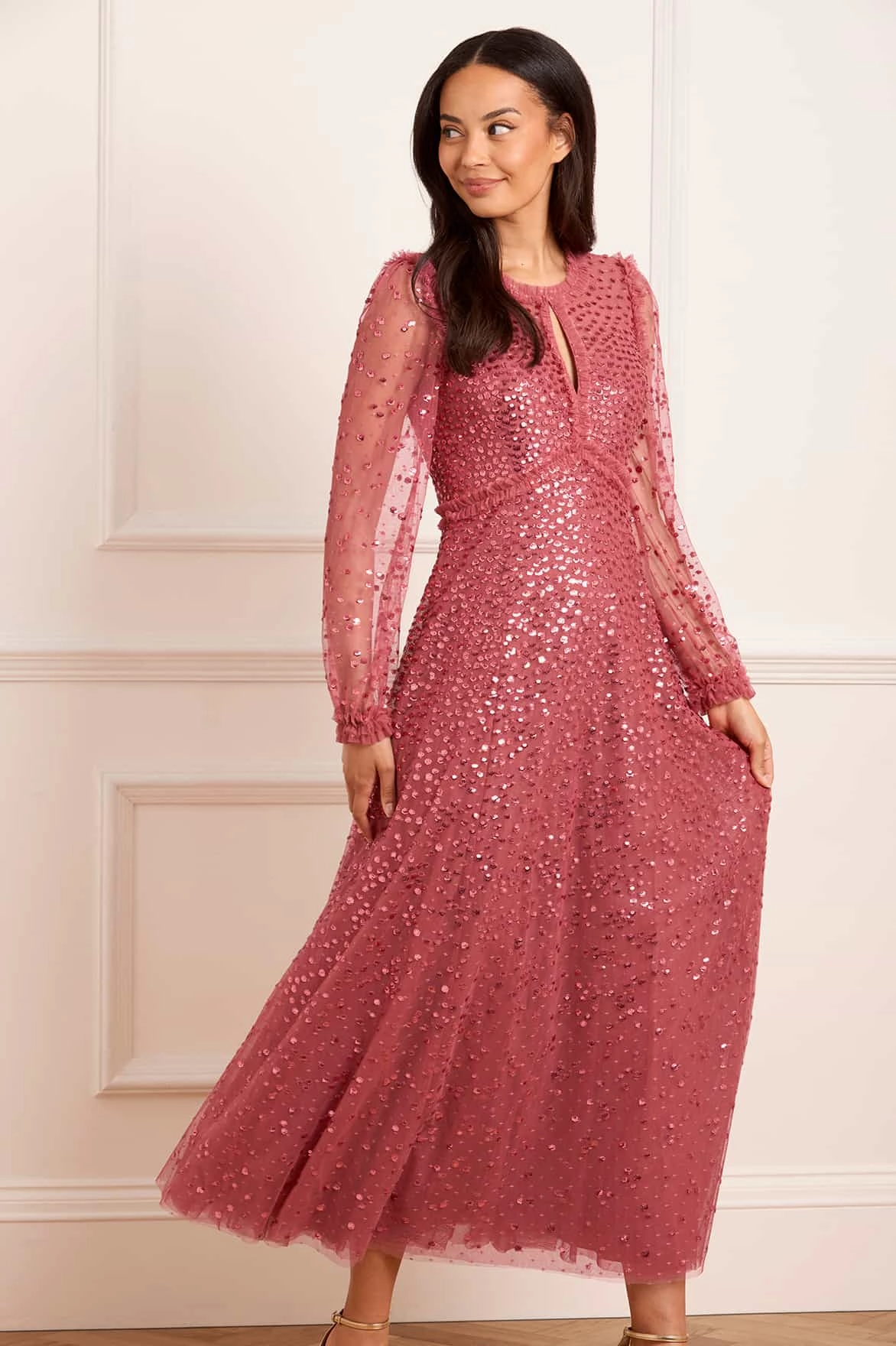 Dappled Sequin Long Sleeve Ankle Gown Fit Waist All-season garment