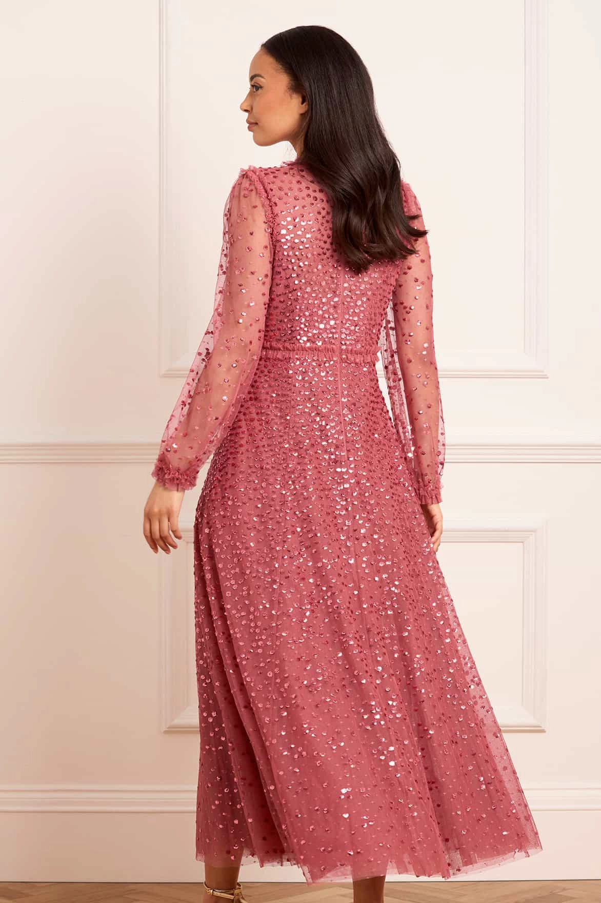 Dappled Sequin Long Sleeve Ankle Gown budget-friendly Flattering Waist Fit