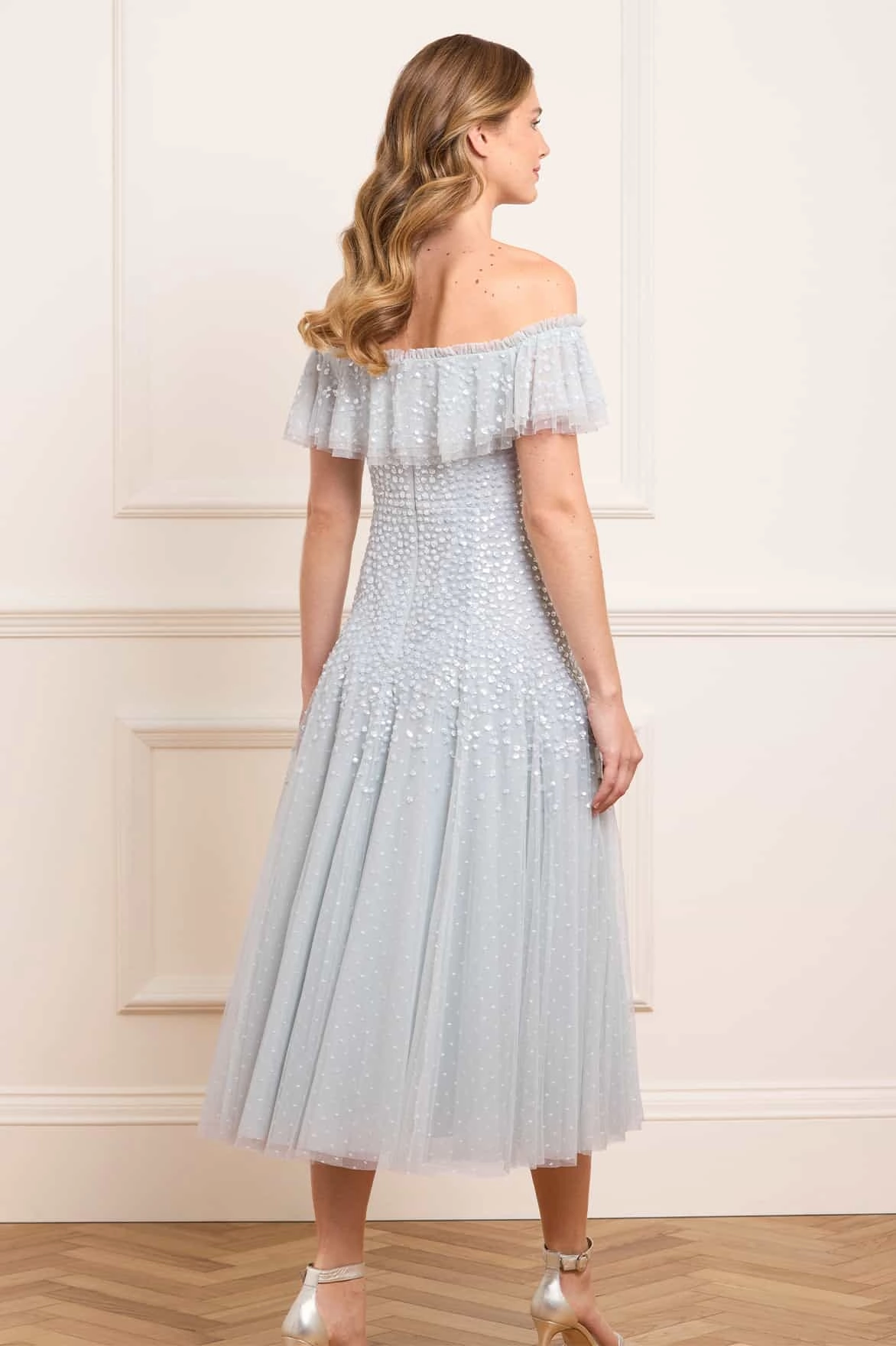 Smart Fabric High-waisted evening piece Dappled Sequin Off-Shoulder Ballerina Dress