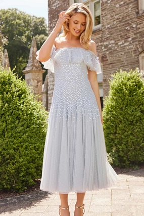 Dappled Sequin Off-Shoulder Ballerina Dress Crisp Look
