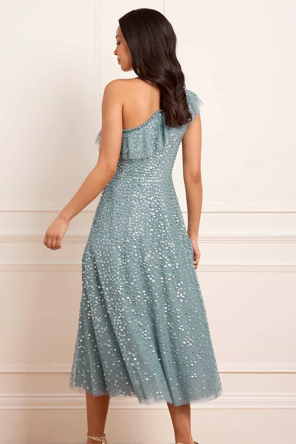 Subtle Drape Dappled Sequin One-Shoulder Ballerina Dress