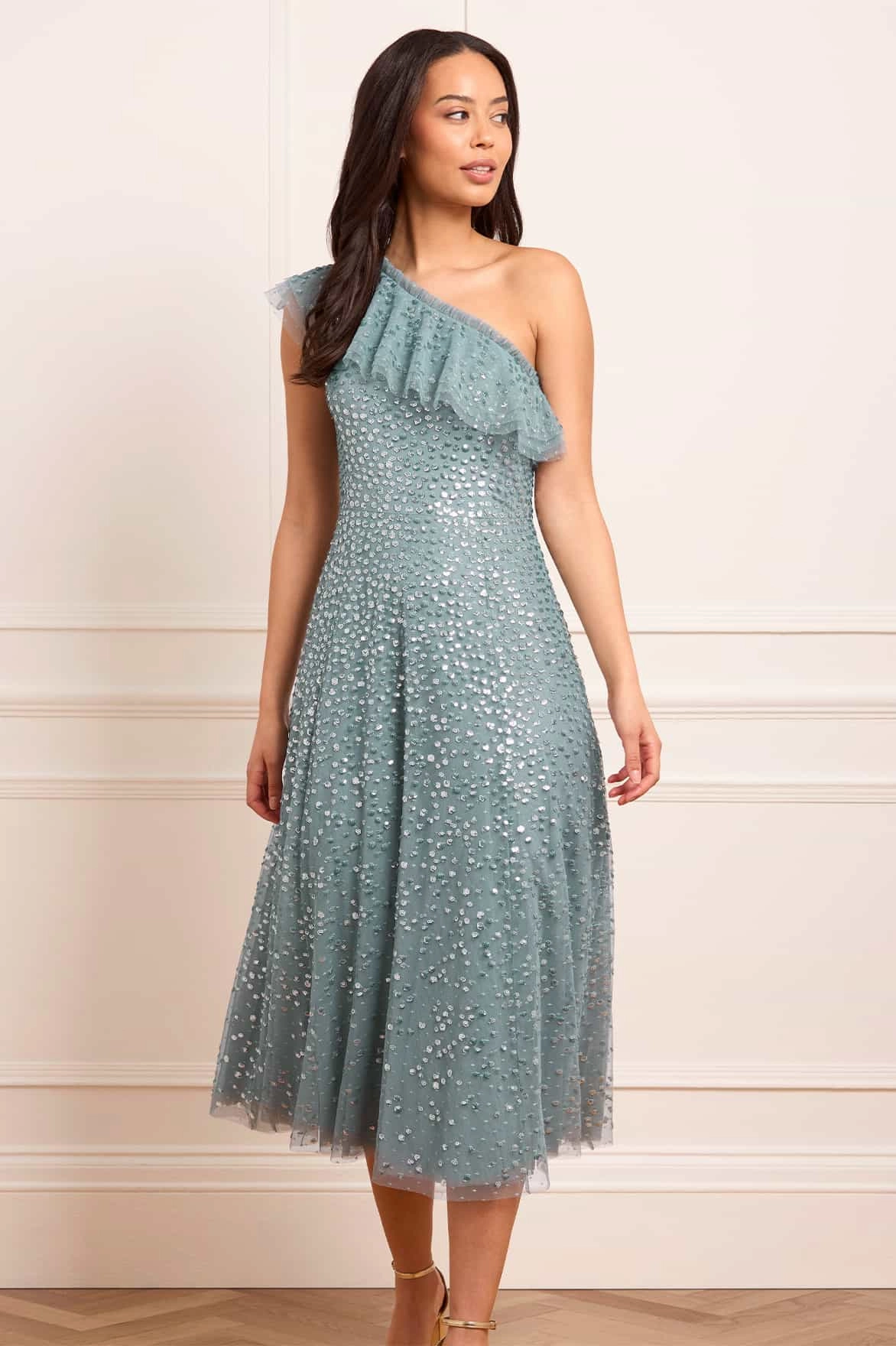 Light Blend Travel Vibe Dappled Sequin One-Shoulder Ballerina Dress
