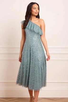 Light Blend Travel Vibe Dappled Sequin One-Shoulder Ballerina Dress