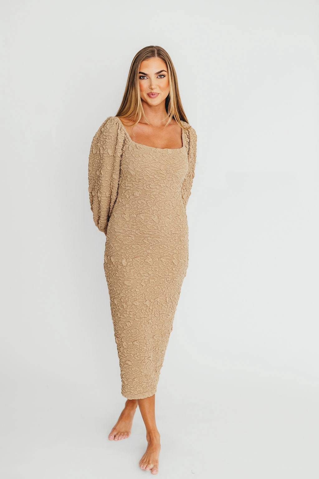 Fresh Aesthetic Darcy Square Neck Midi Dress in Taupe *Final-Sale*
