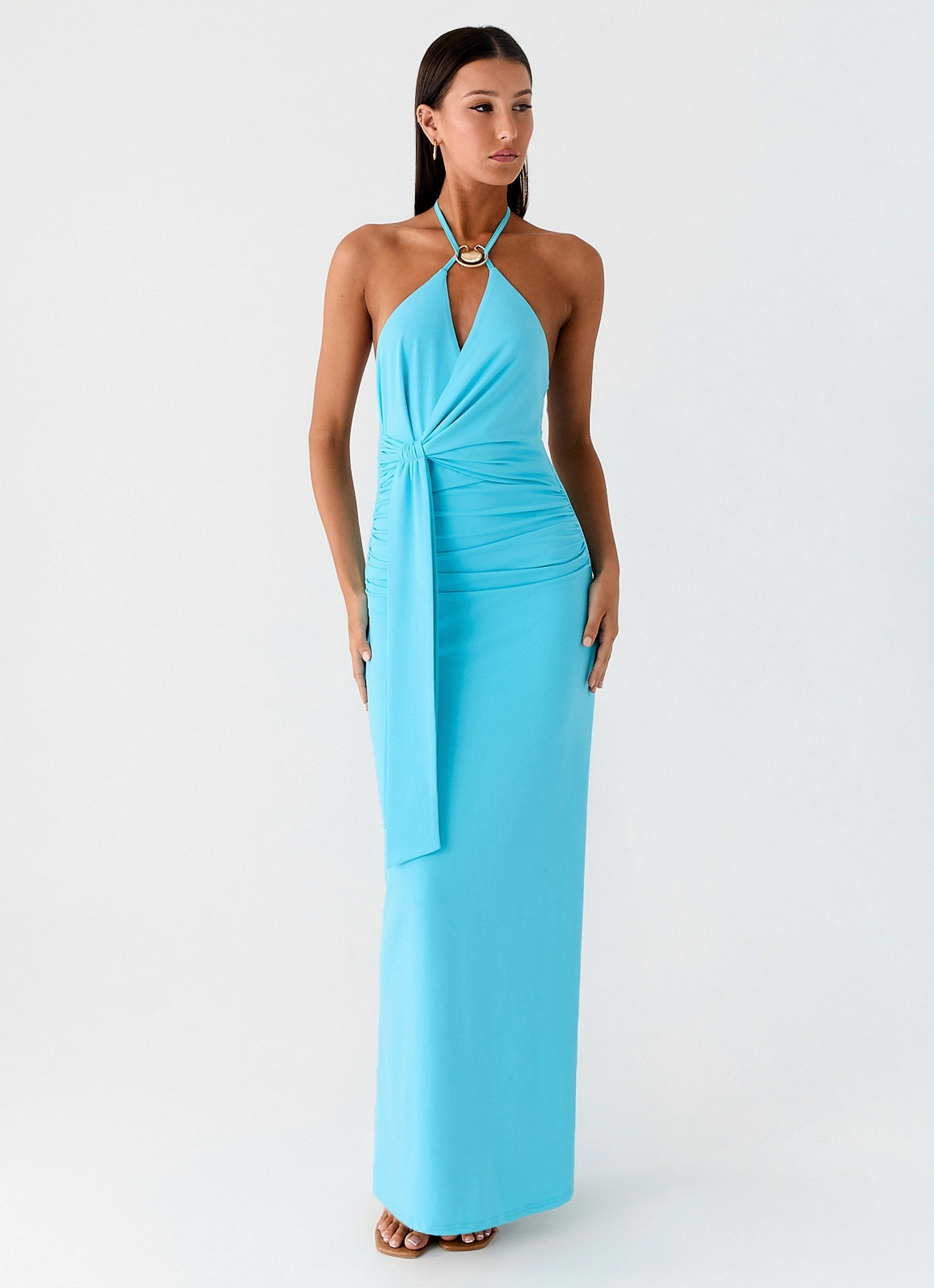 Warm Touch Dare Me Halter Maxi Dress - Aqua Blue