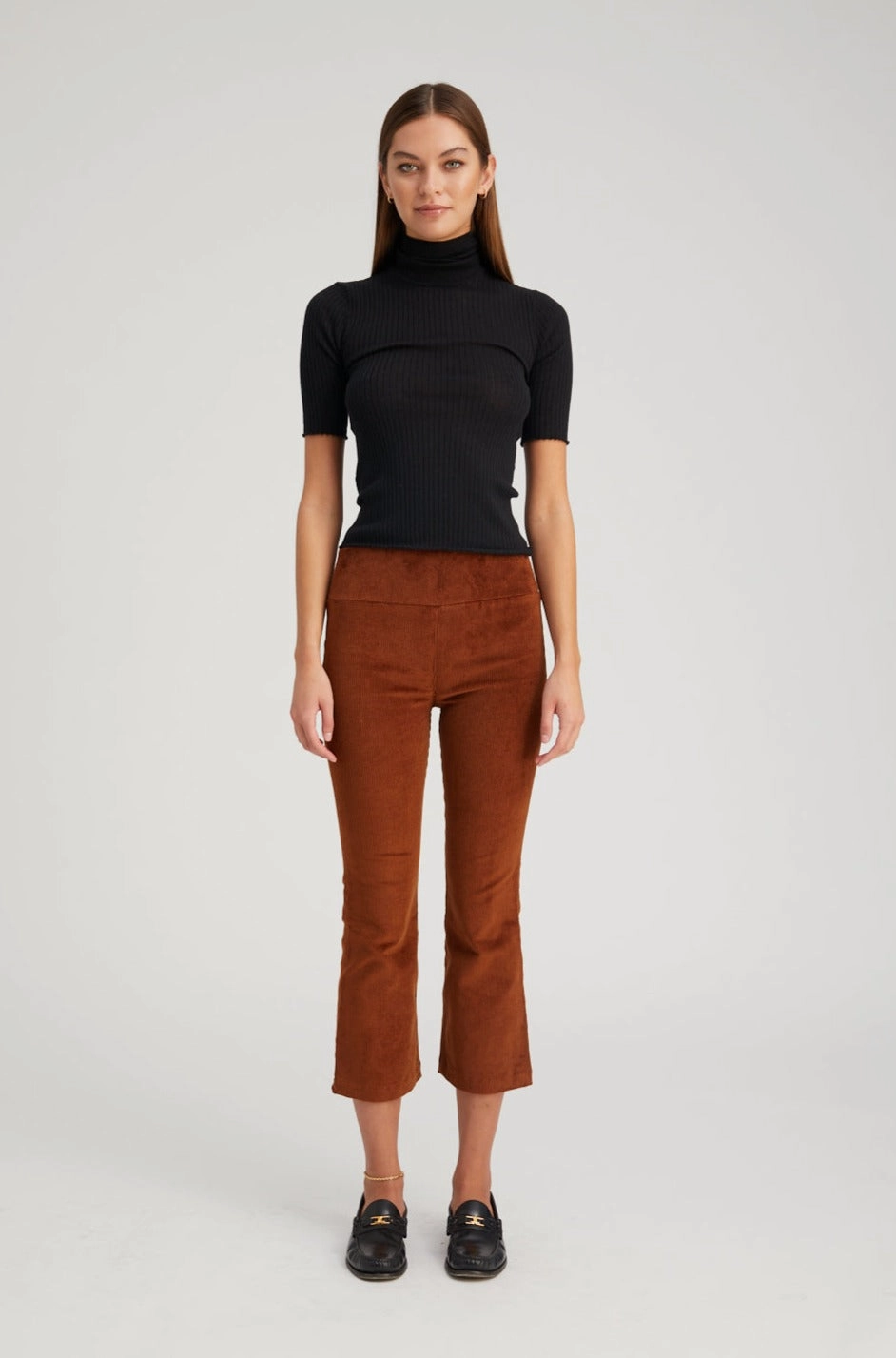 Quick Conversion Hem Dark Cognac Corduroy Crop Flare Pants