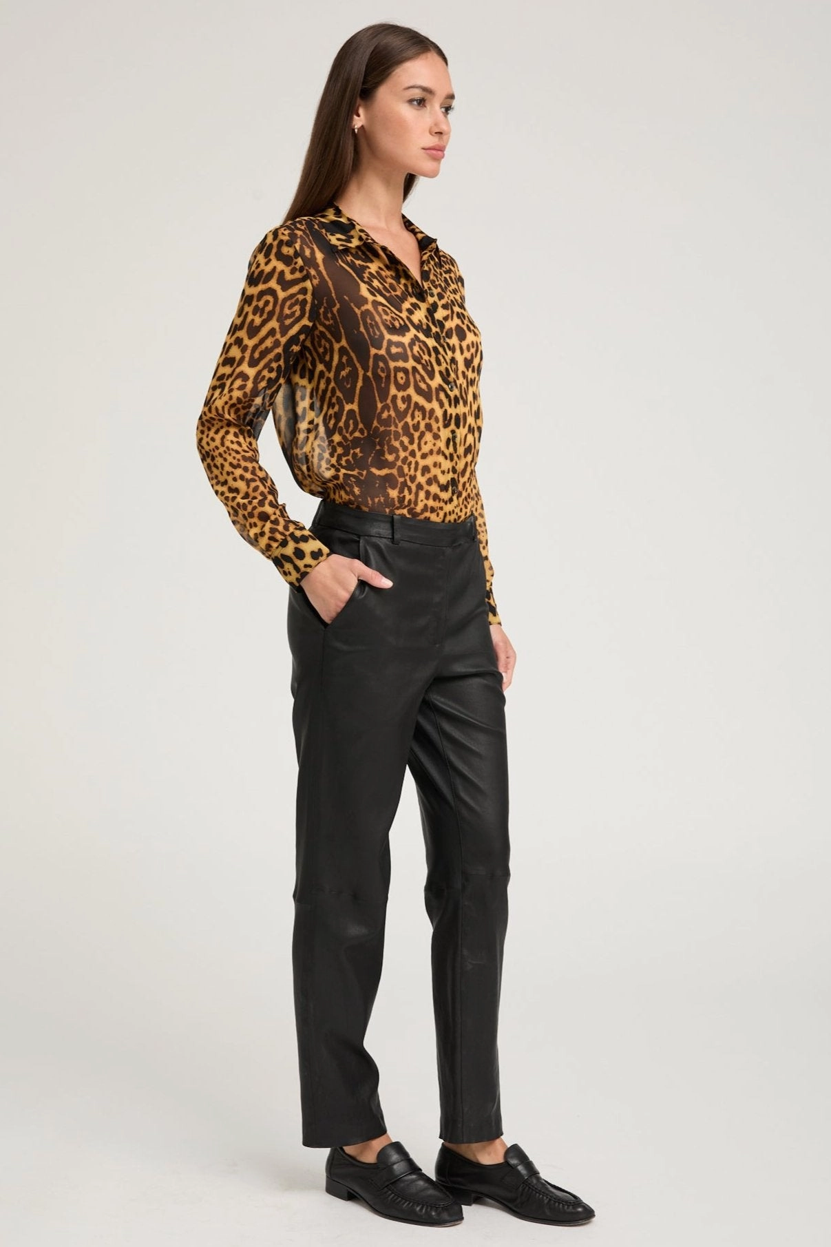 Dark Leopard Silk Fitted Button Down Biodegradable Fiber