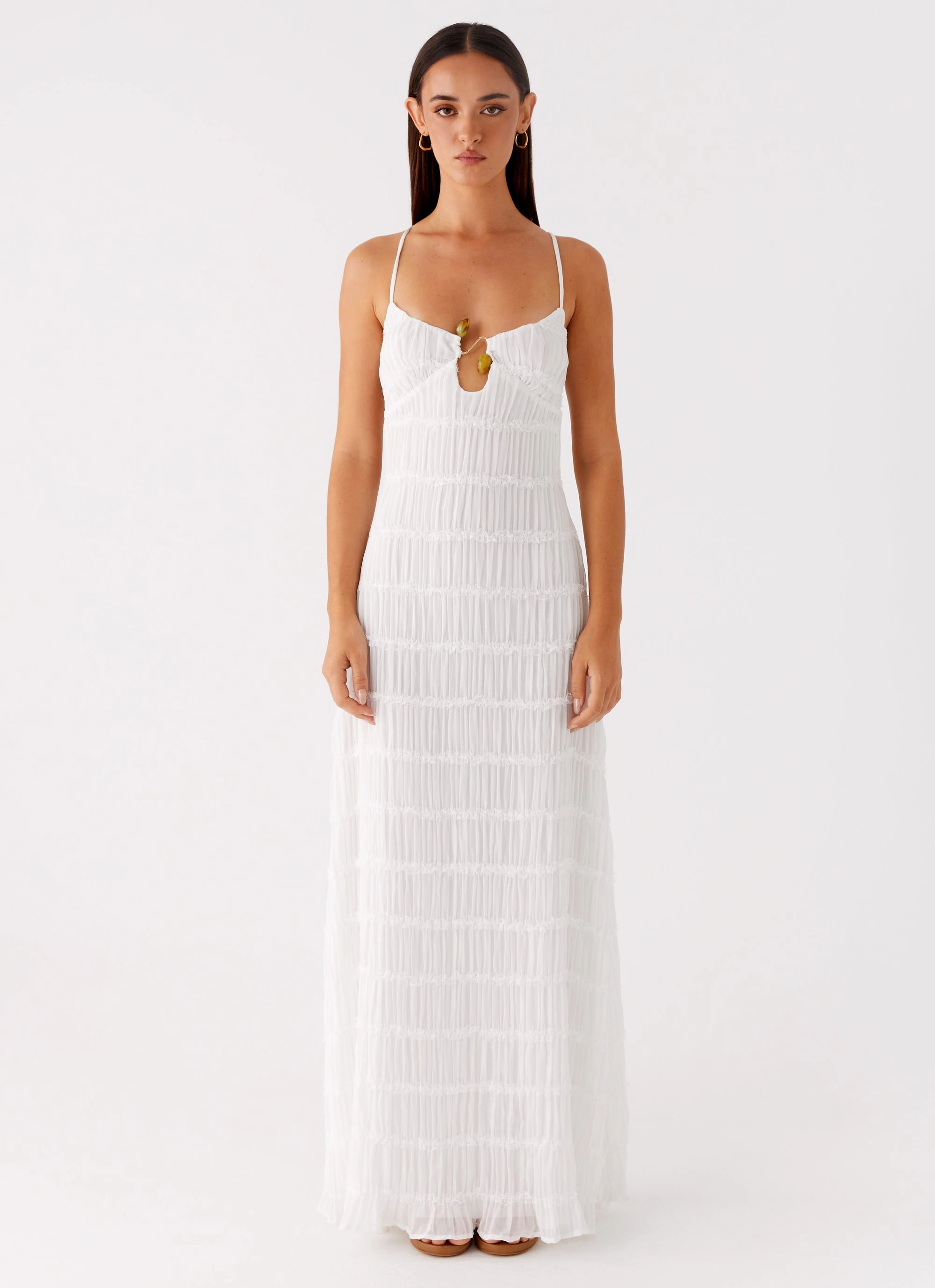 Darwin Maxi Dress - White Halter-Neck Delicate Edge