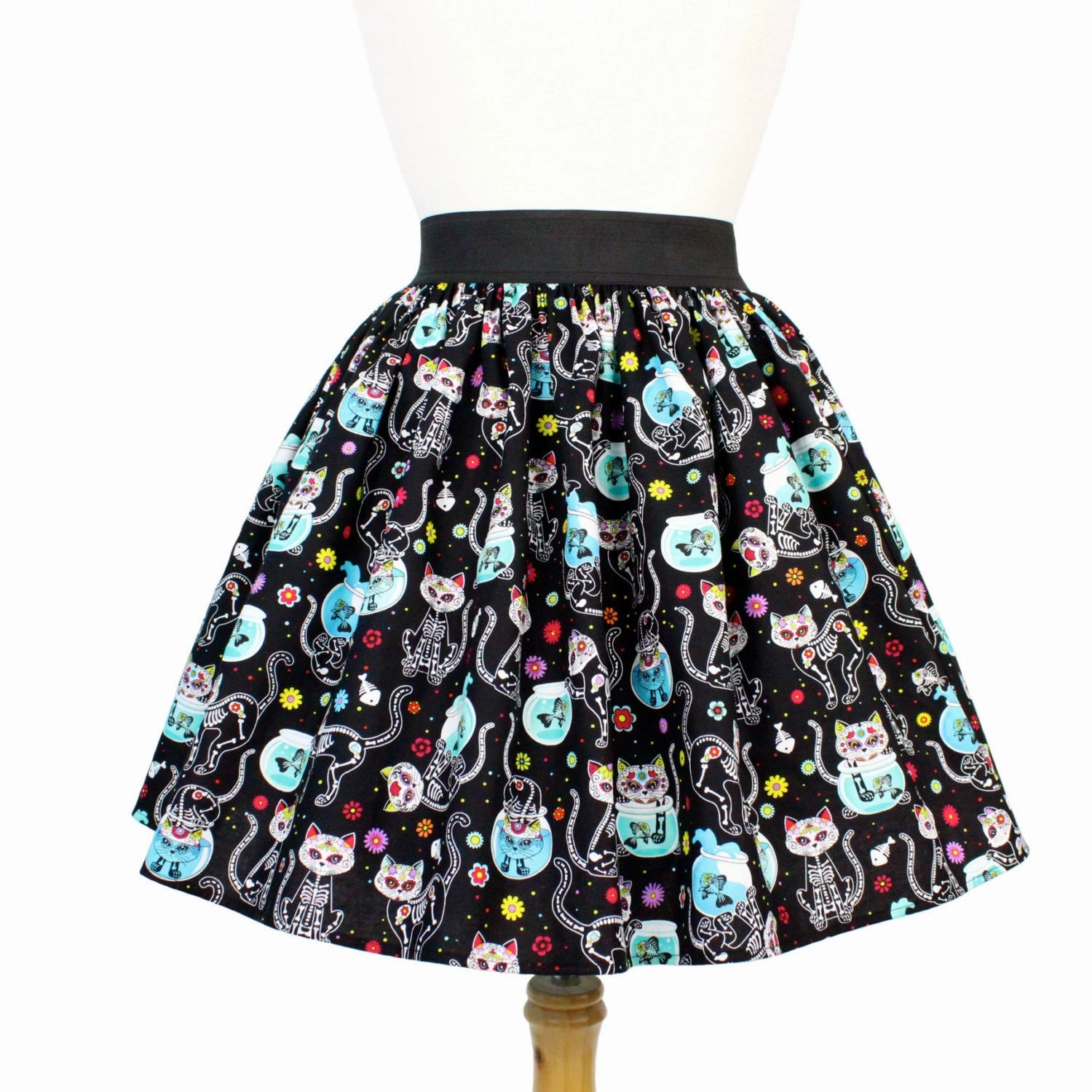 Easy Comfort Subtle Mood Day of the Dead Kitty Pleated Skirt #PS-C332