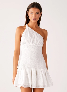 Hestia Drop Waist Shirring Mini Dress - White Seasonal Essential Soft Volume