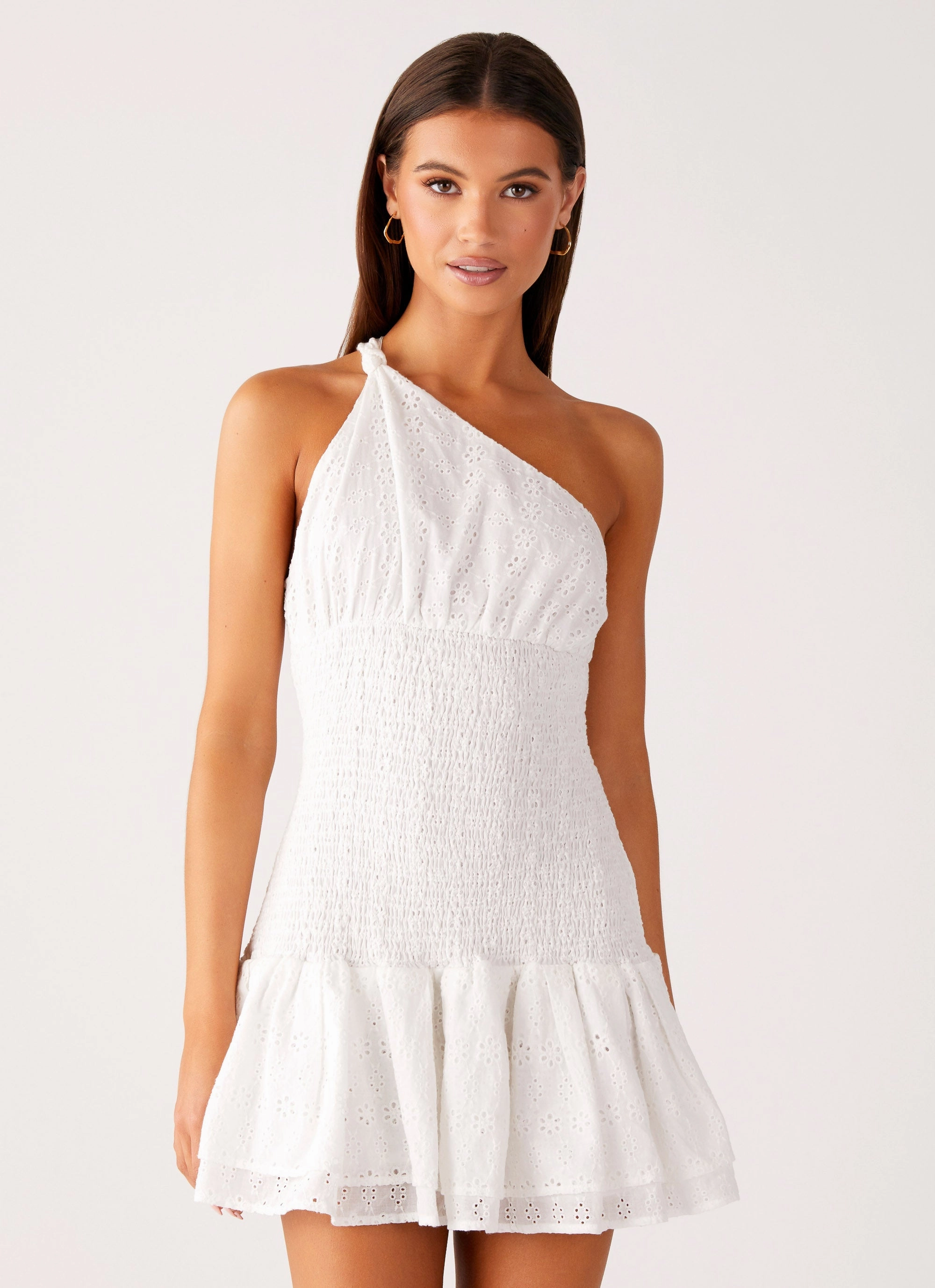 Hestia Drop Waist Shirring Mini Dress - White Seasonal Essential Soft Volume
