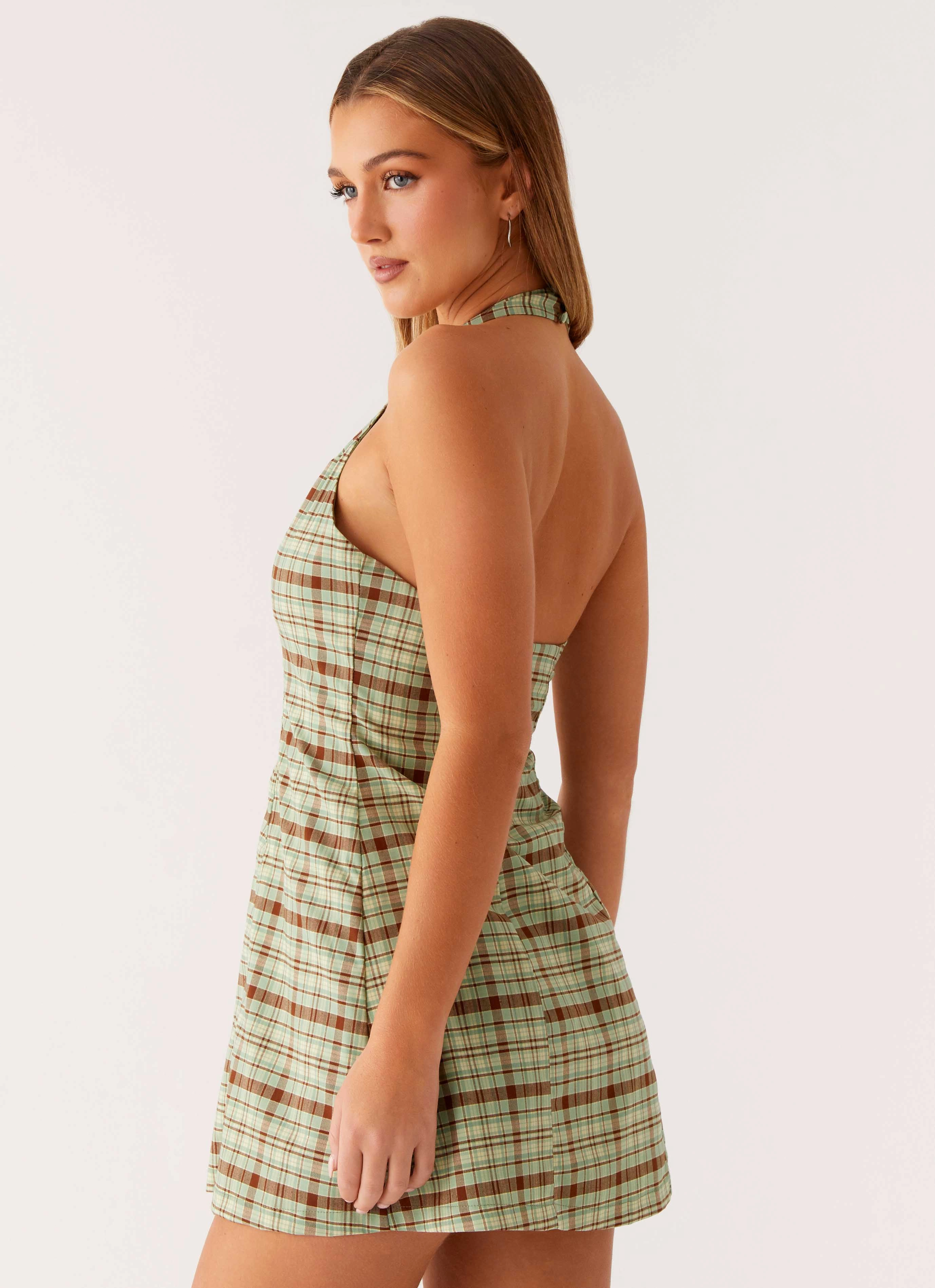 Dunia Halter Mini Dress - Forest Plaid Layered Texture Sheer Light
