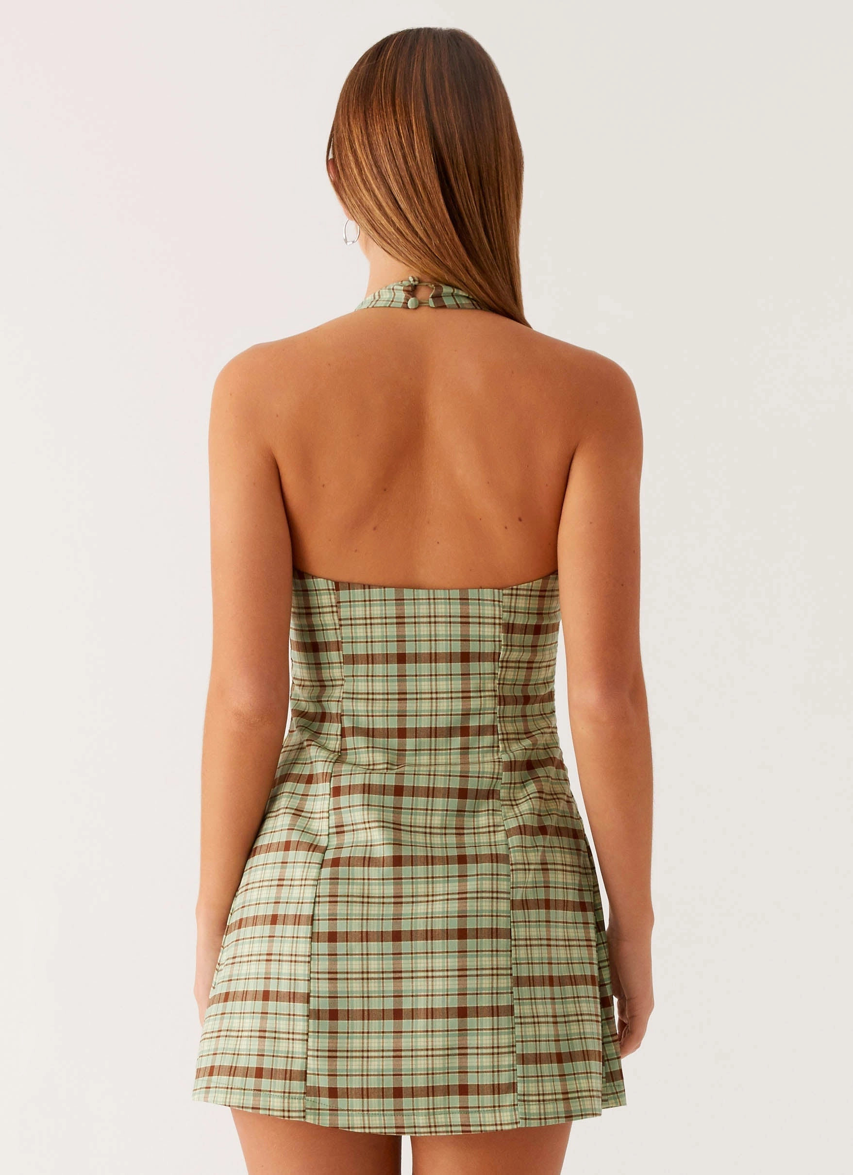 Chill Base Pleat-Front Dunia Halter Mini Dress - Forest Plaid
