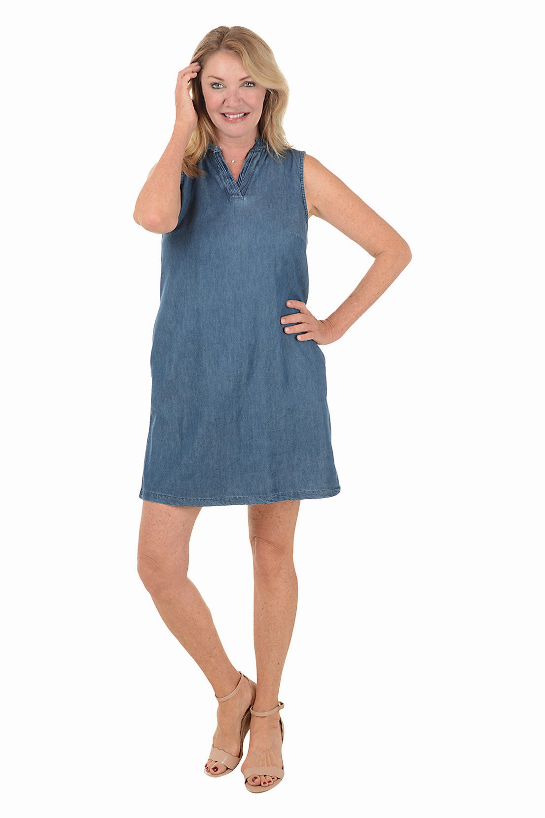 Polished Layer Frayed Collar Sleeveless Denim Dress