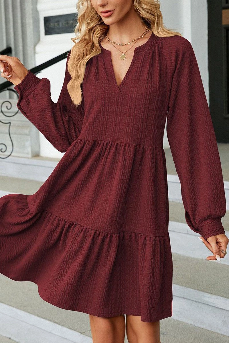 Flattering Silhouette Wear WOMEN V NECK RUFFLED CAKE LONG SLEEVE DRESS