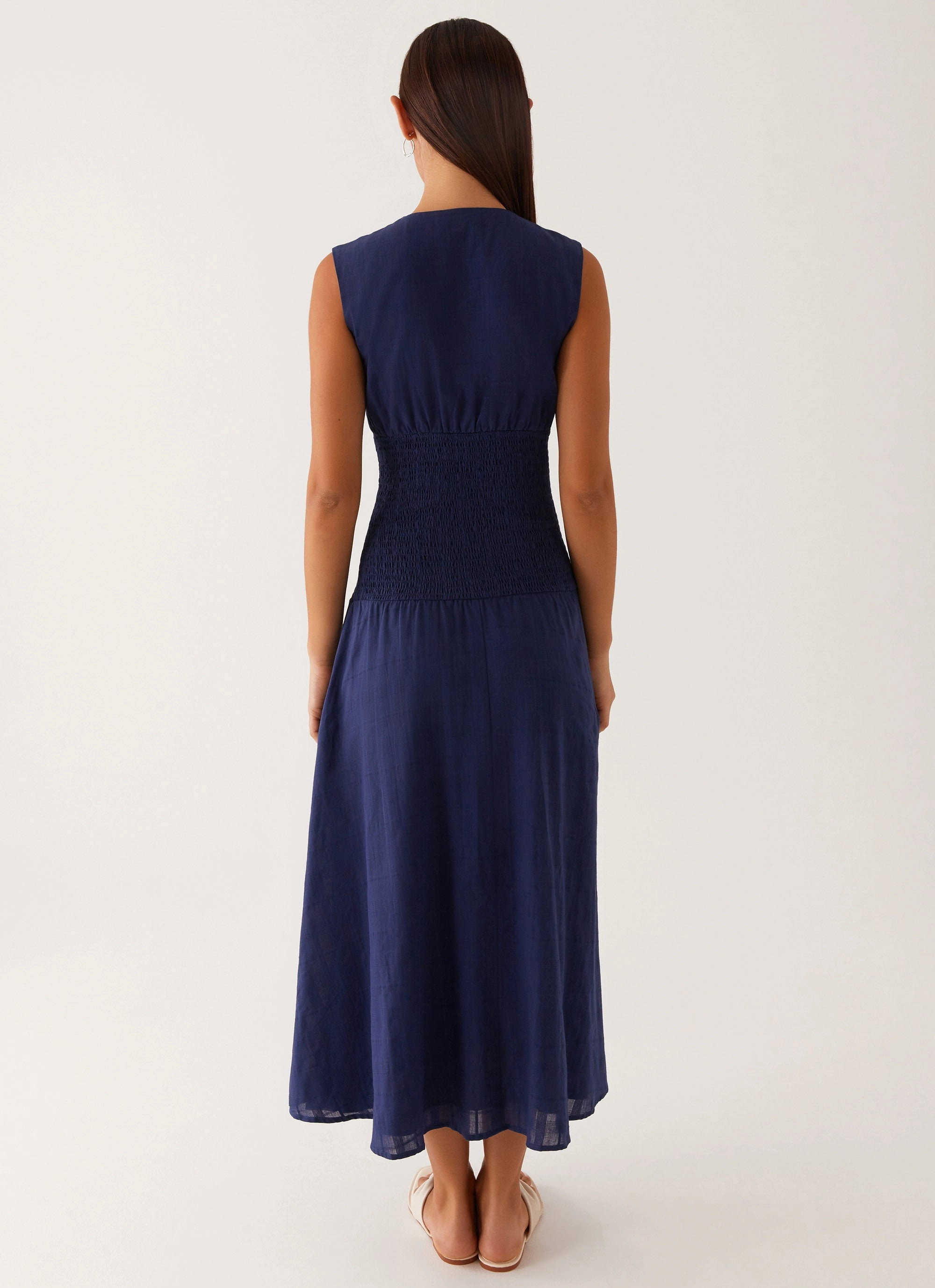 Slim Silhouette Belle Shirred Waist Midi Dress - Navy