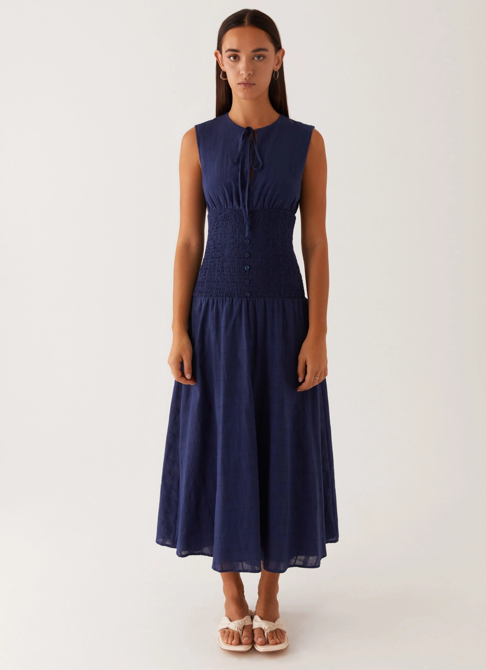 Fluid Fabric Belle Shirred Waist Midi Dress - Navy
