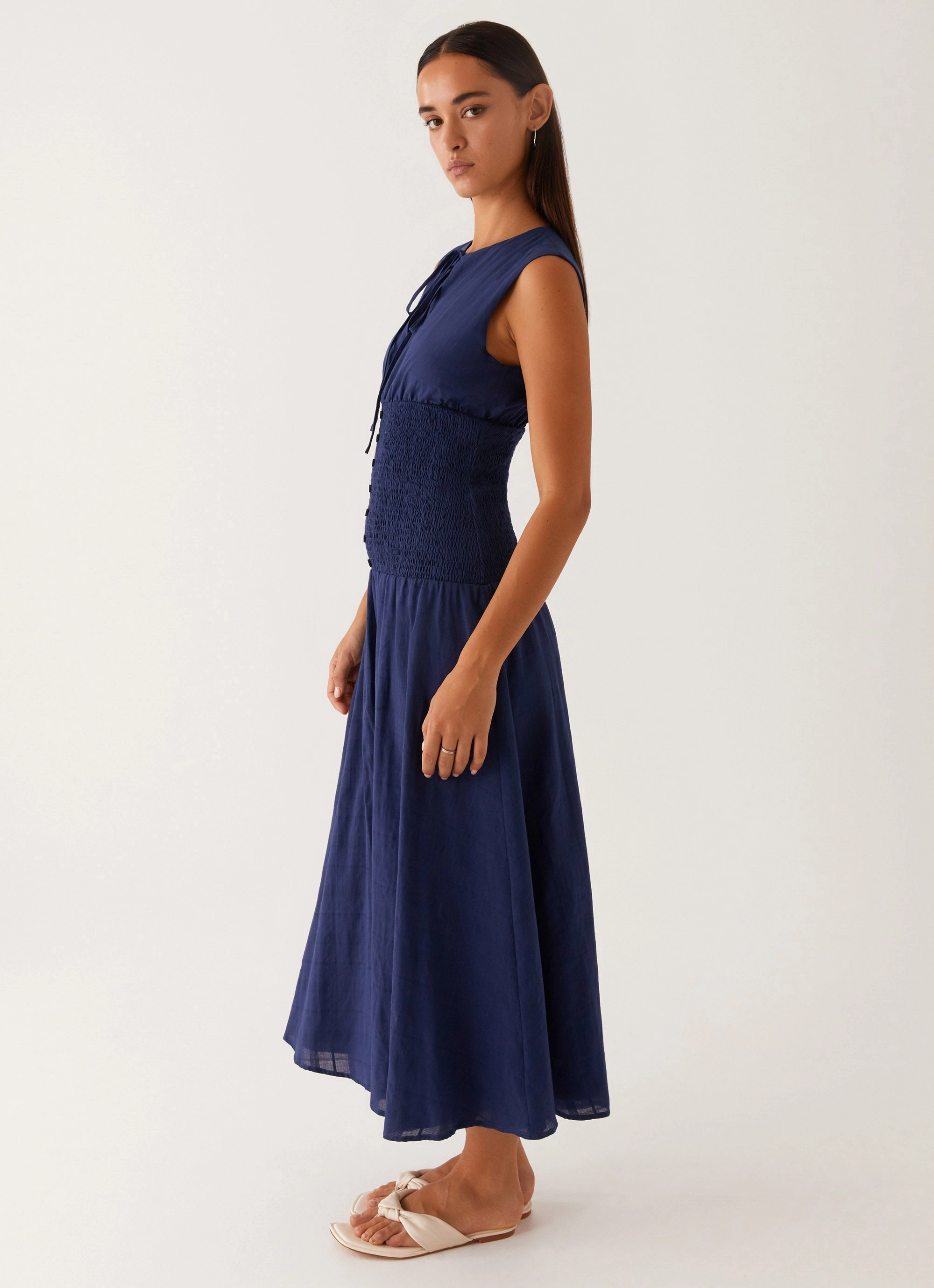 Non-Iron Belle Shirred Waist Midi Dress - Navy