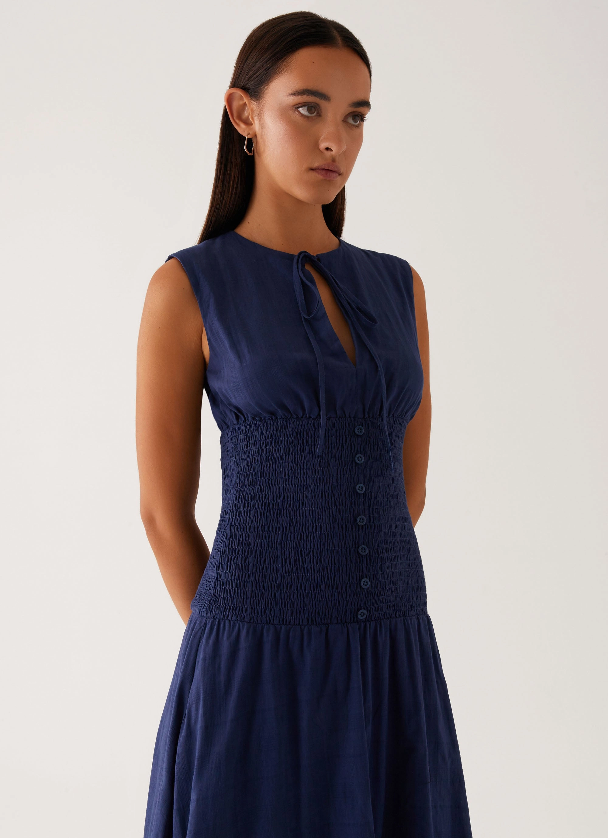 Belle Shirred Waist Midi Dress - Navy Gemstone-Detail Edgy vibes