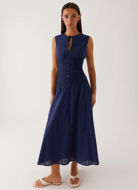 Belle Shirred Waist Midi Dress - Navy All Day